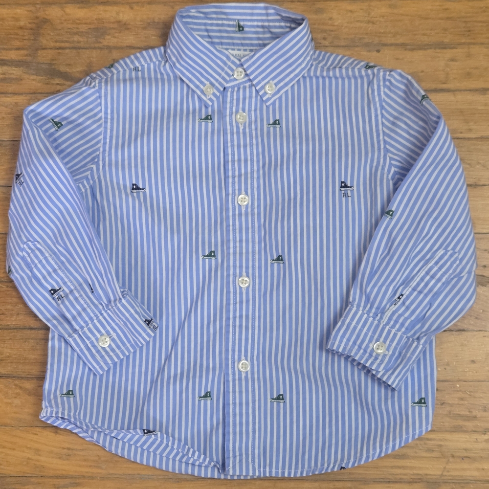 Ralph Lauren Boys Button Down Shirt Size 18 Mo Blue Cotton Striped Embroidered